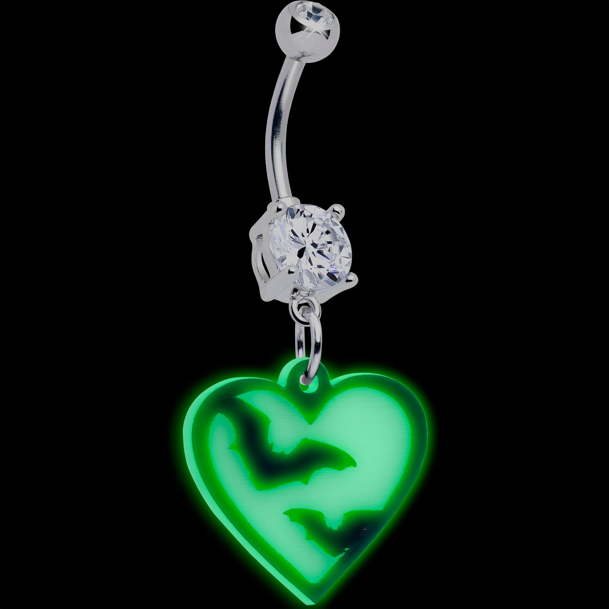 Glow-in-the-dark flying bat and heart dangle belly ring by Onyx O, BodyCandy, featuring dark-themed jewelry with intricate design.
