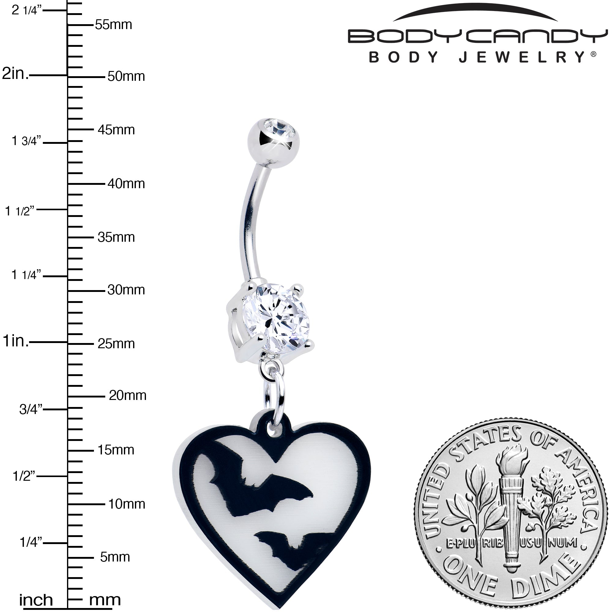 Glow-in-the-dark Flying Bat Heart Belly Ring dangle jewelry by Onyx O, featuring a dark bat and heart design for body piercings.