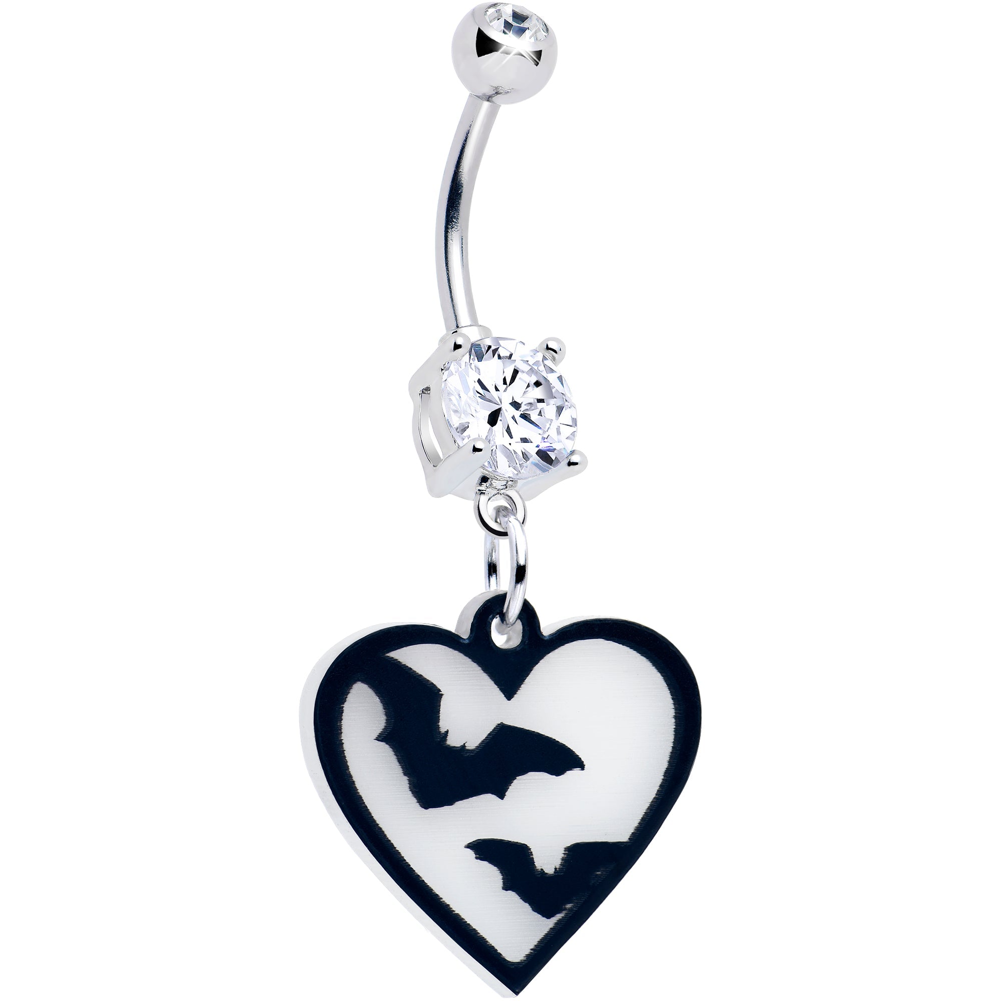 Glow-in-the-dark flying bat and heart dangle belly ring by BodyCandy, featuring a dark-themed design with bat and heart charms.