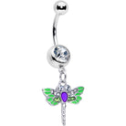 Green clear gem bright dragonfly dangle belly ring by BodyCandy featuring a blue dangling design