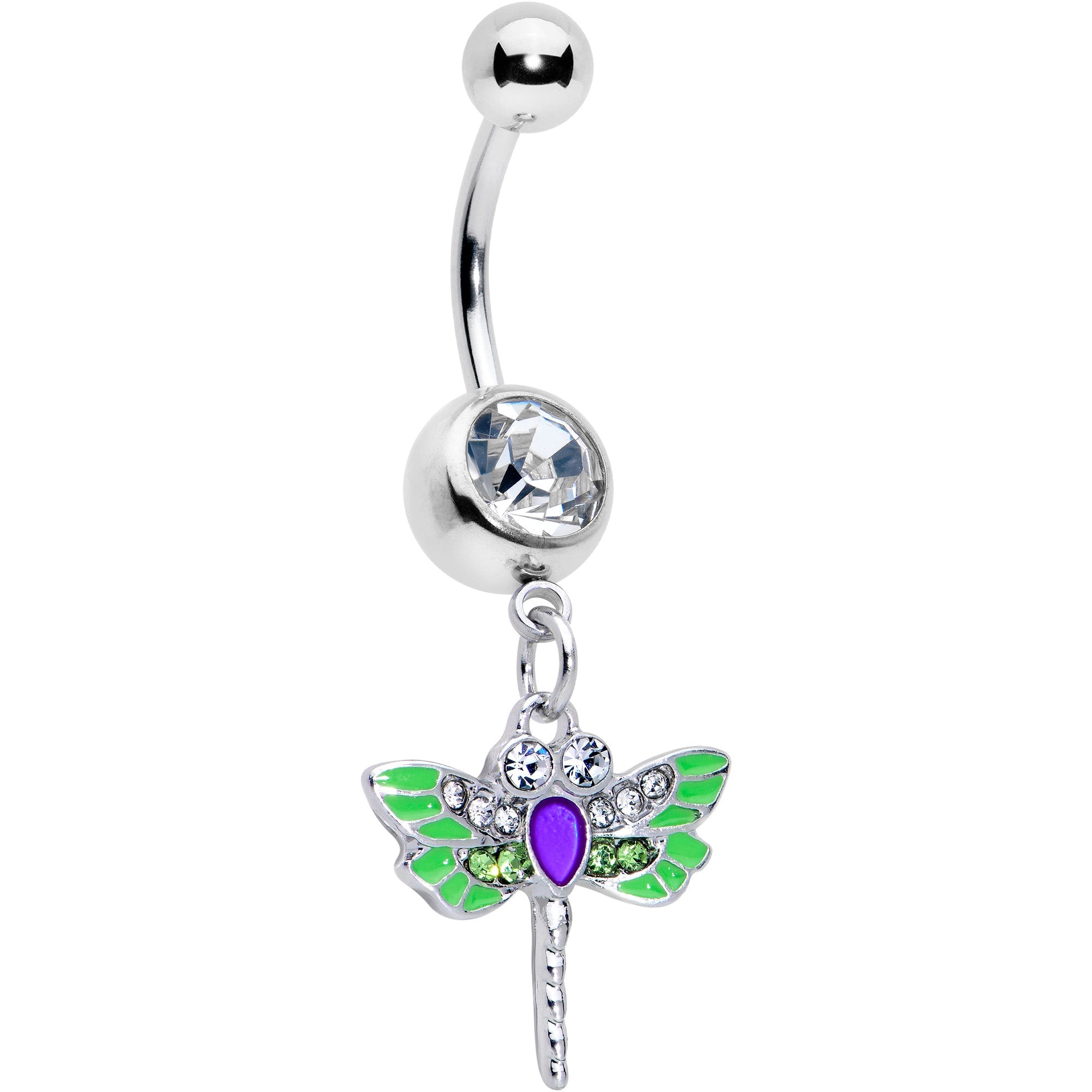 Green clear gem bright dragonfly dangle belly ring by BodyCandy featuring a blue dangling design