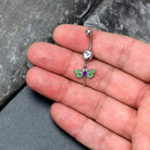 Green clear gem dragonfly dangle belly ring by BodyCandy featuring a bright blue dragonfly design with sparkling gemstones.