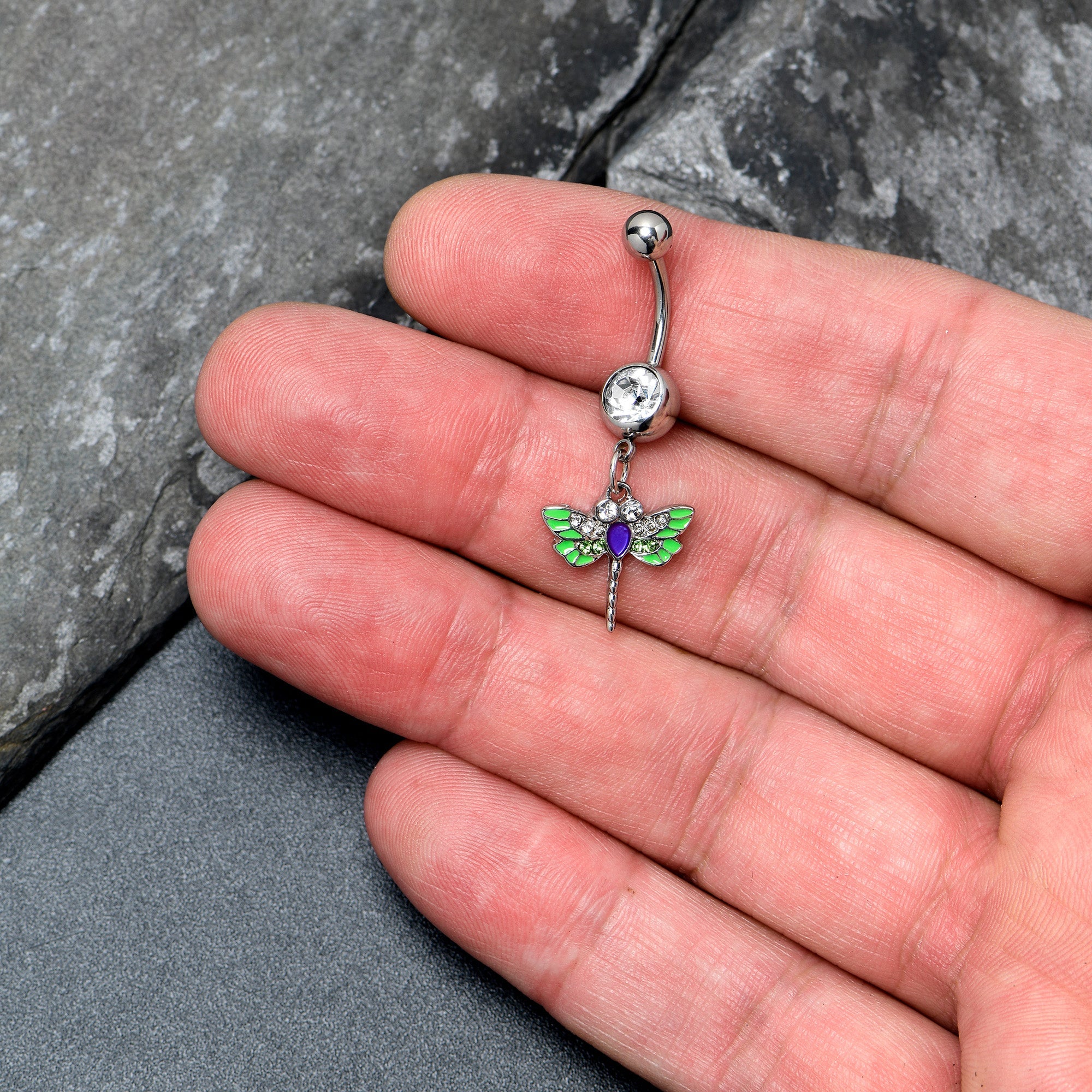 Green clear gem dragonfly dangle belly ring by BodyCandy featuring a bright blue dragonfly design with sparkling gemstones.