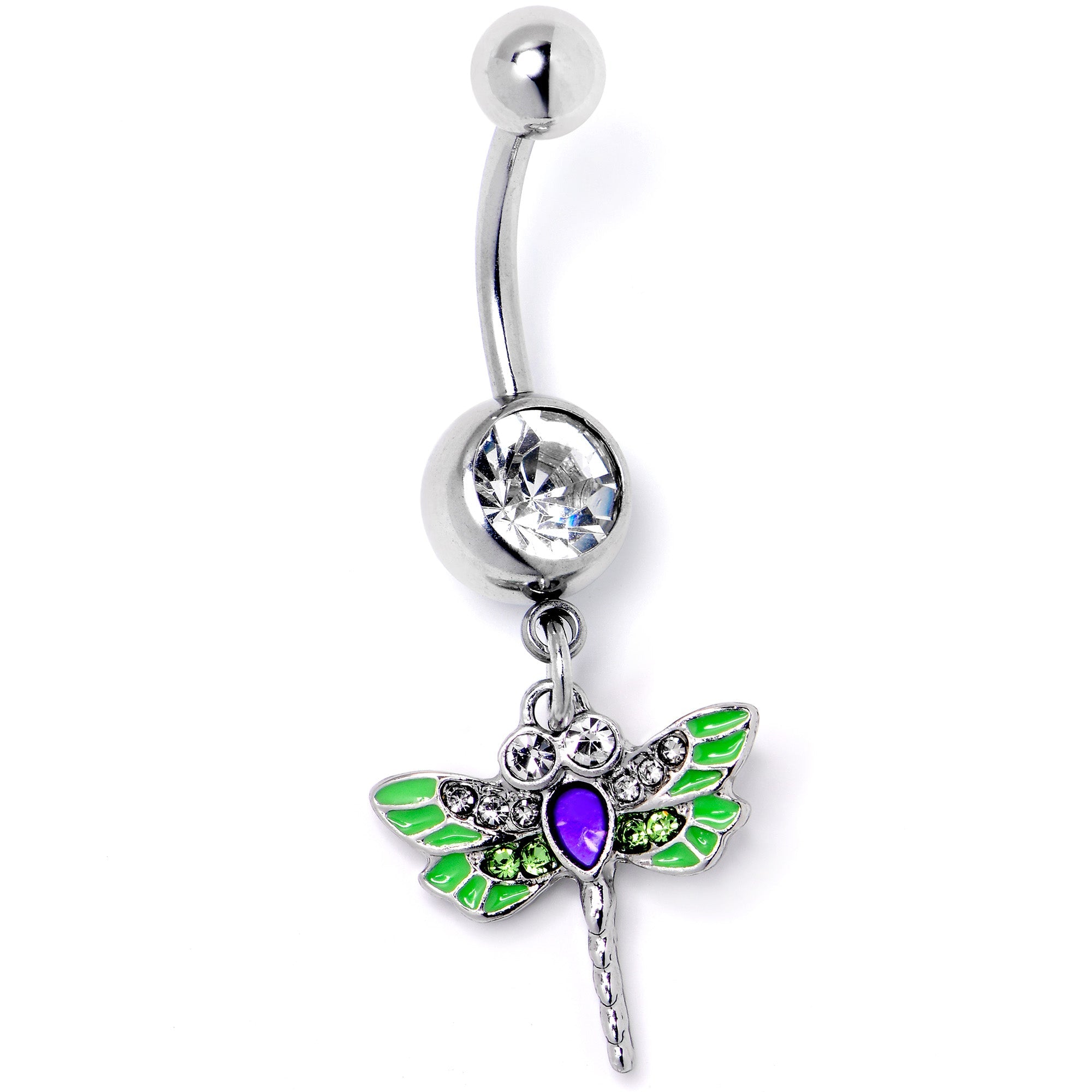 Bright green clear gem dragonfly dangle belly ring by BodyCandy with blue accents, showcasing a detailed dangling design.