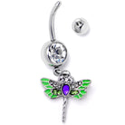 Green clear gem bright dragonfly dangle belly ring from BodyCandy, featuring a blue dragonfly charm and sparkling gemstone.