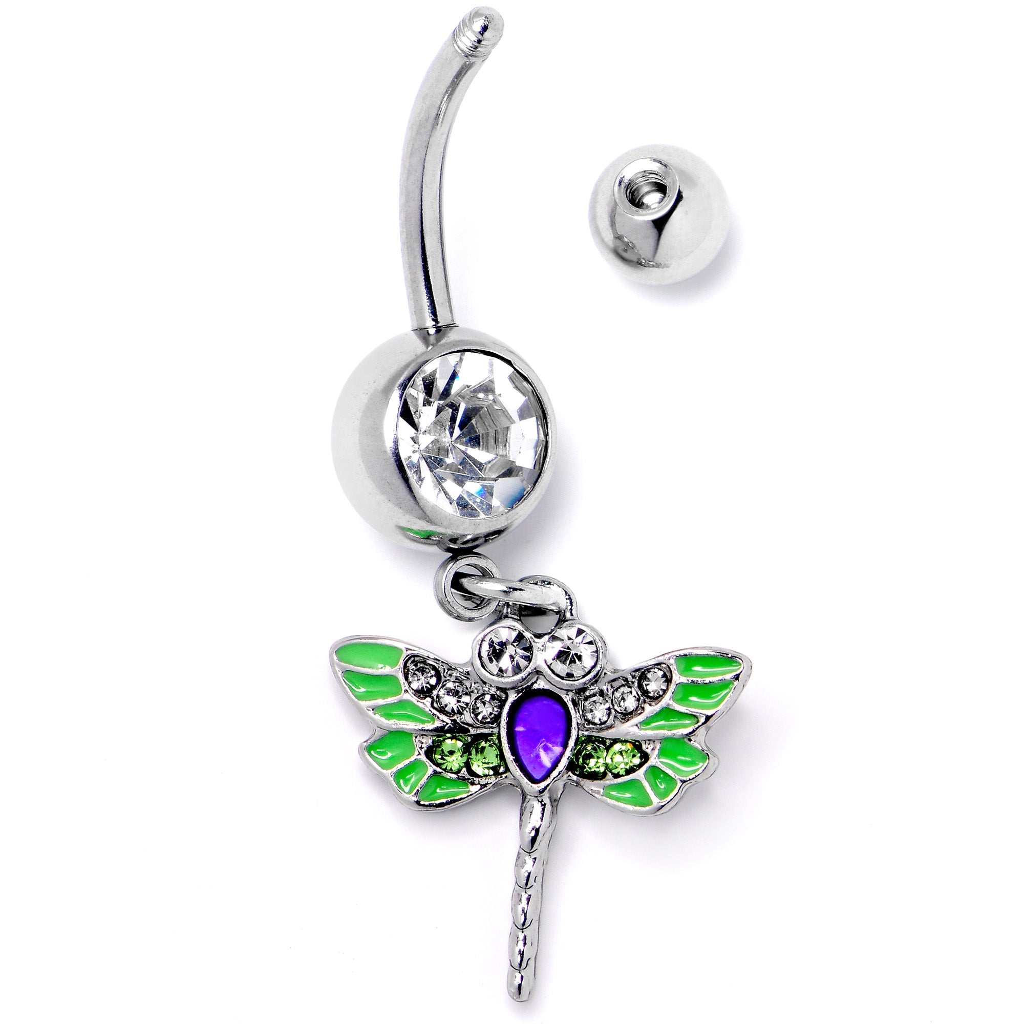 Green clear gem bright dragonfly dangle belly ring from BodyCandy, featuring a blue dragonfly charm and sparkling gemstone.