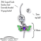 Green clear gem bright dragonfly dangle belly ring by BodyCandy with blue accents, featuring a detailed dragonfly design.