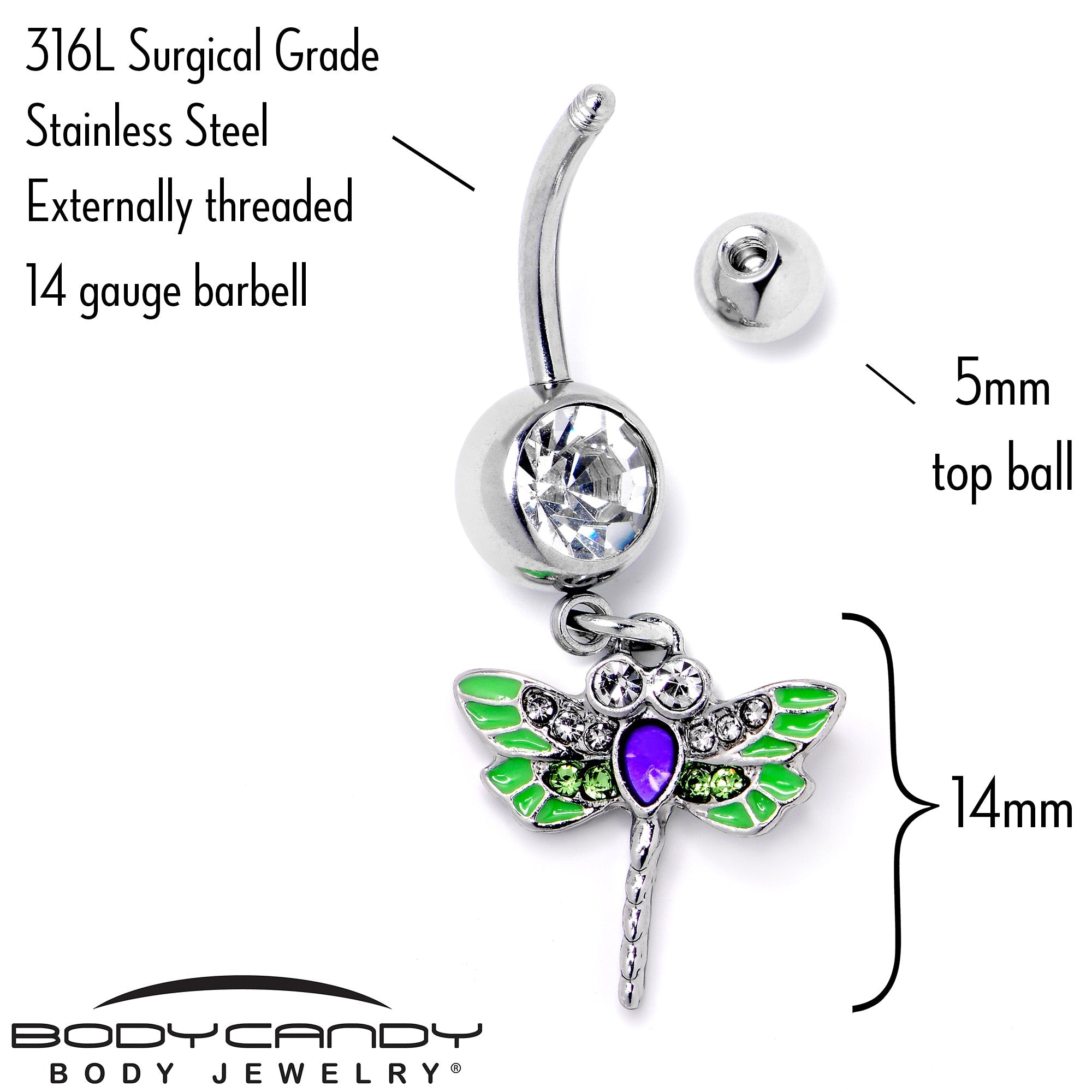 Green clear gem bright dragonfly dangle belly ring by BodyCandy with blue accents, featuring a detailed dragonfly design.