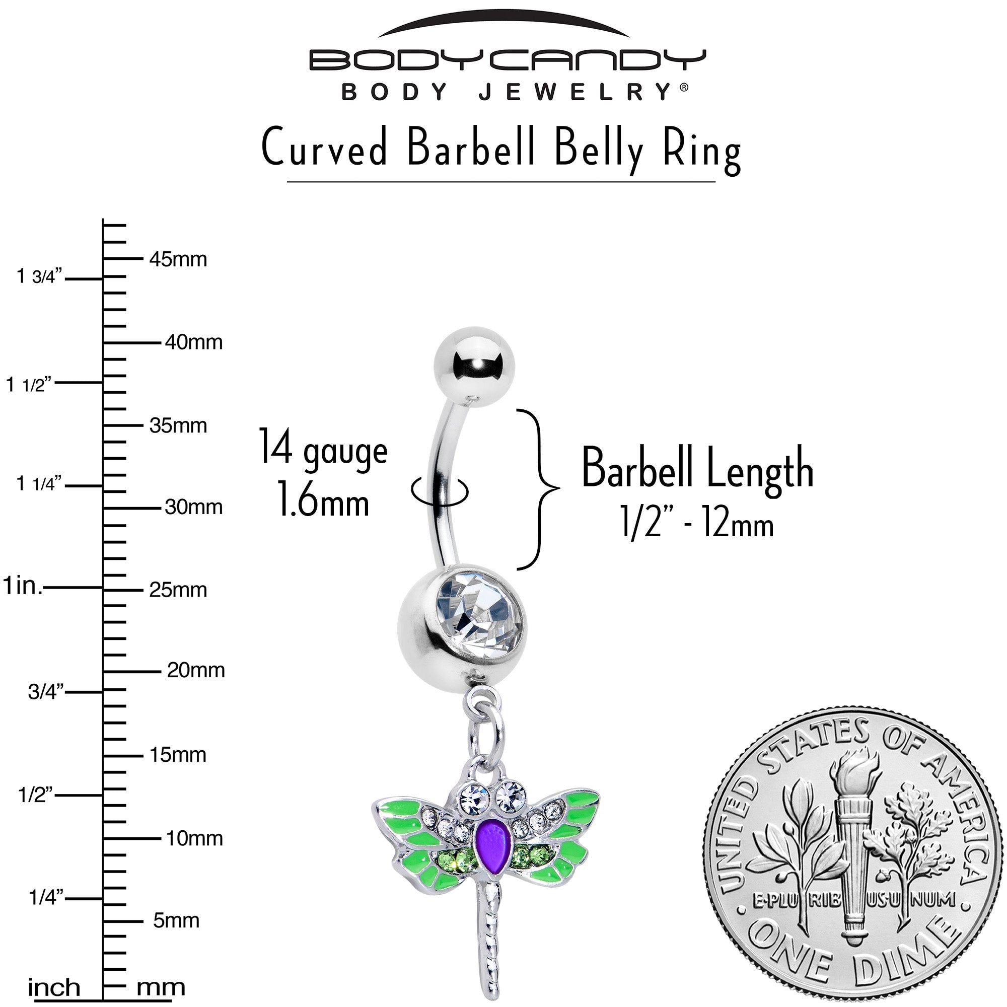 Green clear gem dangle belly ring featuring a bright blue dragonfly design by BodyCandy, with a stylish dangle and belly jewelry style.