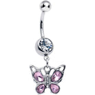 Pink gem butterfly dangle belly ring by BodyCandy featuring a sparkling butterfly charm and bling accents for belly piercing.