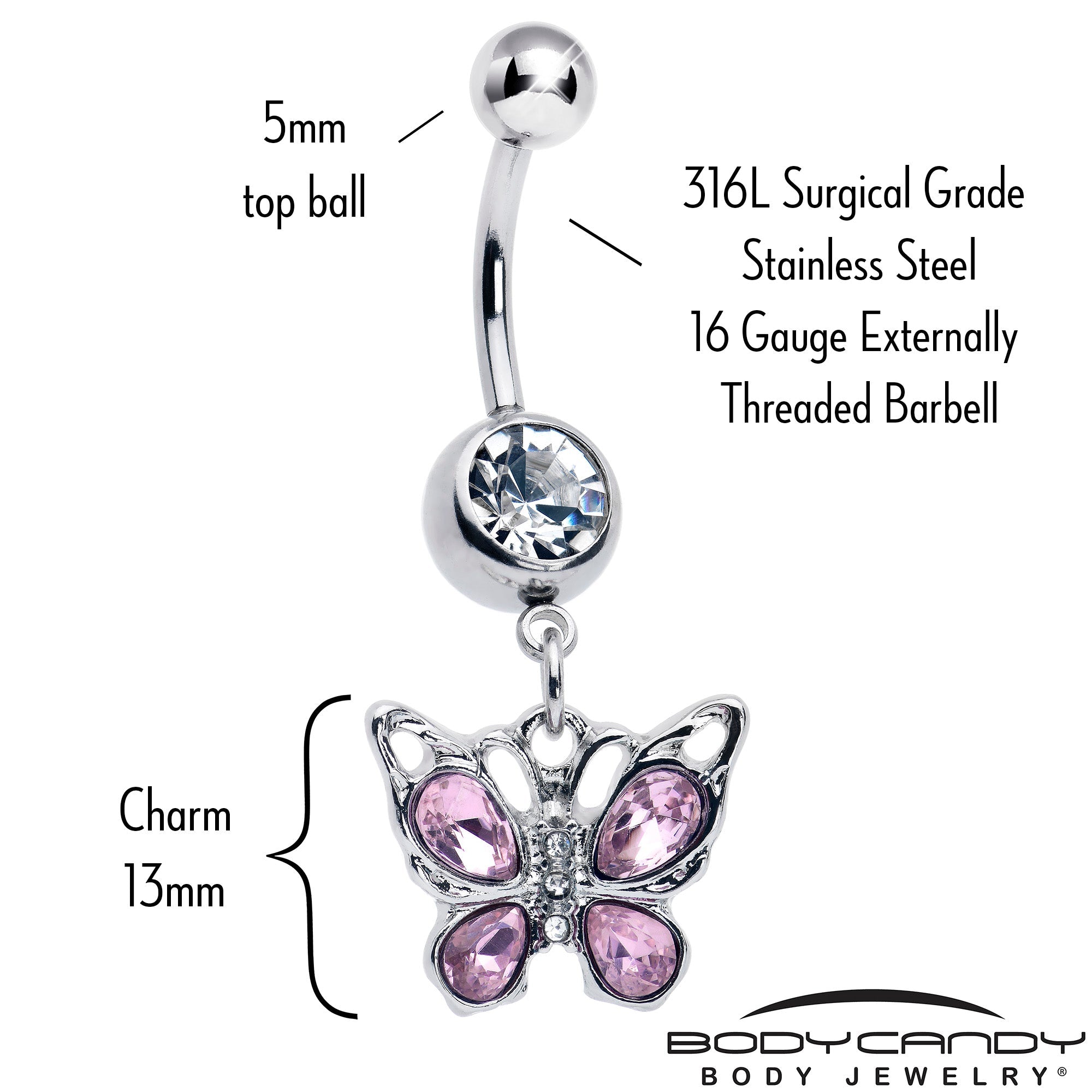 Pink gem butterfly dangle belly ring by BodyCandy featuring sparkling pink gems and a delicate butterfly design.
