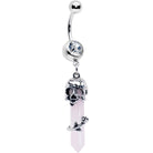 Pink Rose Quartz Skull Obelisk dangle belly ring from BodyCandy featuring a rose quartz skull and obelisk design.