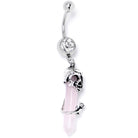 Pink Rose Quartz Skull Obelisk Belly Ring with rose dangle, BodyCandy dangle belly ring, decorative jewelry for pierced belly.