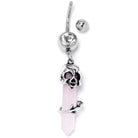Pink Rose Quartz Skull Obelisk dangle belly ring from BodyCandy, featuring a rose quartz skull design and dangling style.