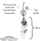 Pink rose quartz skull obelisk dangle belly ring by BodyCandy, featuring a rose quartz skull and obelisk design for belly piercing.