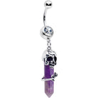 Purple amethyst skull obelisk dangle belly ring by BodyCandy, featuring a rose-shaped design and dangling charm.