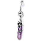 Purple amethyst skull obelisk dangle belly ring with rose accent, BodyCandy jewelry for pierced navel.
