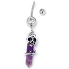 Purple amethyst skull obelisk dangle belly ring by BodyCandy, featuring a rose-shaped design and silver-tone jewelry details.
