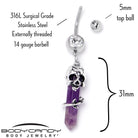 Purple amethyst skull obelisk dangle belly ring by BodyCandy featuring a rose design and dangling charm for pierced navel jewelry.