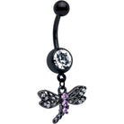Purple CZ gem black night dragonfly dangle belly ring by BodyCandy, featuring a detailed black dragonfly design on a belly ring.