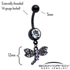Purple cubic zirconia gem black night dragonfly dangle belly ring by BodyCandy, featuring a detailed dragonfly design on a jewelry piece.