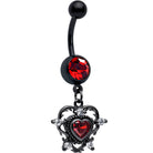 Red CZ gem black double heart dangle belly ring from BodyCandy, featuring a stylish dangle design for belly piercing.