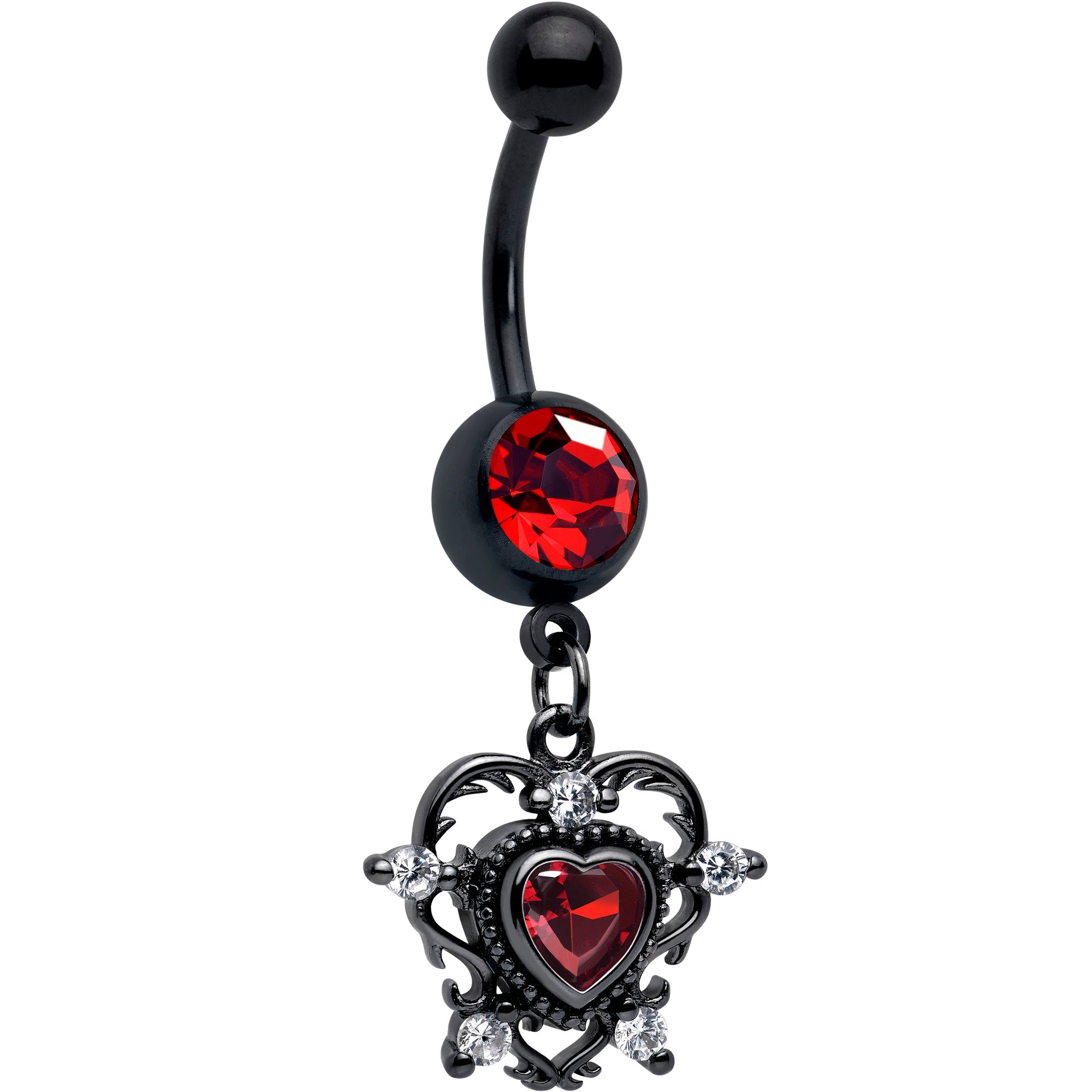 Red CZ gem black double heart dangle belly ring from BodyCandy, featuring a stylish dangle design for belly piercing.