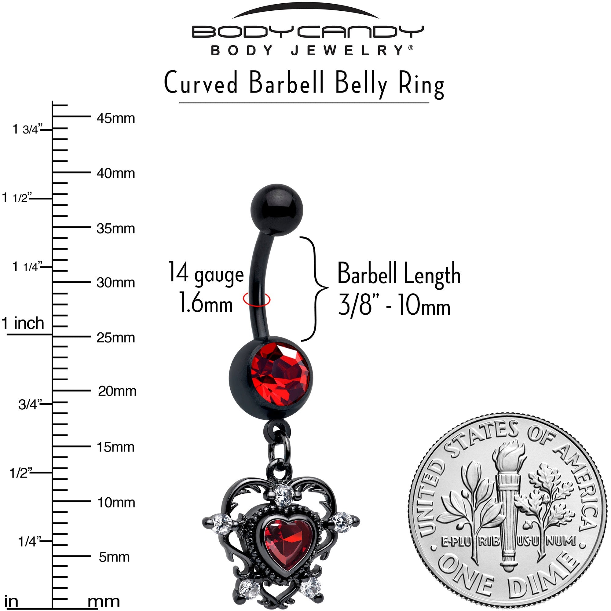 Red CZ gem black double heart dangle belly ring from BodyCandy, featuring a stylish body jewelry design with sparkling stones.