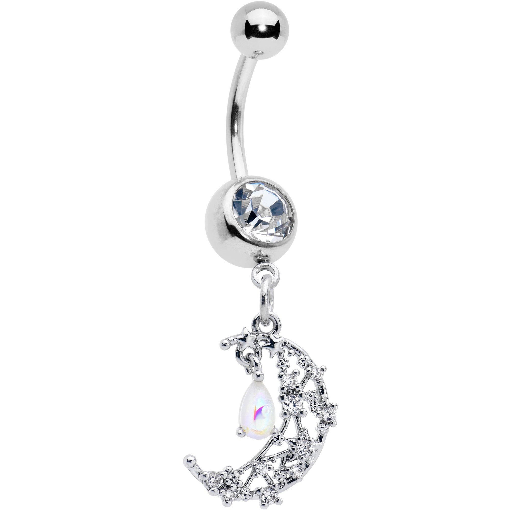 White clear gem constellation moon dangle belly ring from BodyCandy, featuring a celestial design and silver-tone dangle style.