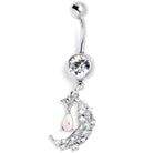 White clear gem constellation moon dangle belly ring from BodyCandy featuring a celestial design and sparkling gemstones.