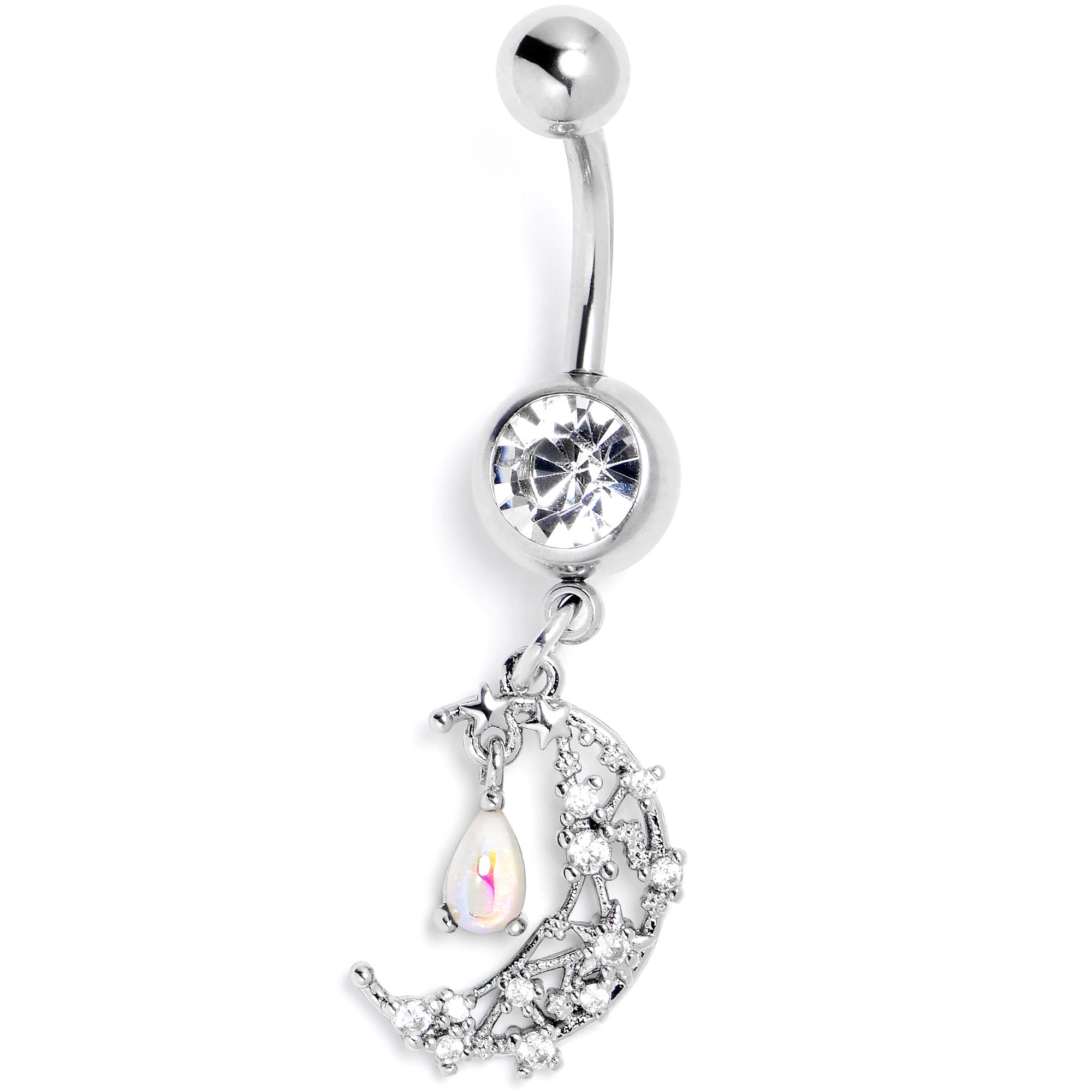 White clear gem constellation moon dangle belly ring from BodyCandy featuring a celestial design and sparkling gemstones.