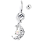 White clear gem constellation moon dangle belly ring by BodyCandy with a sleek silver-tone design and dangling celestial charms.
