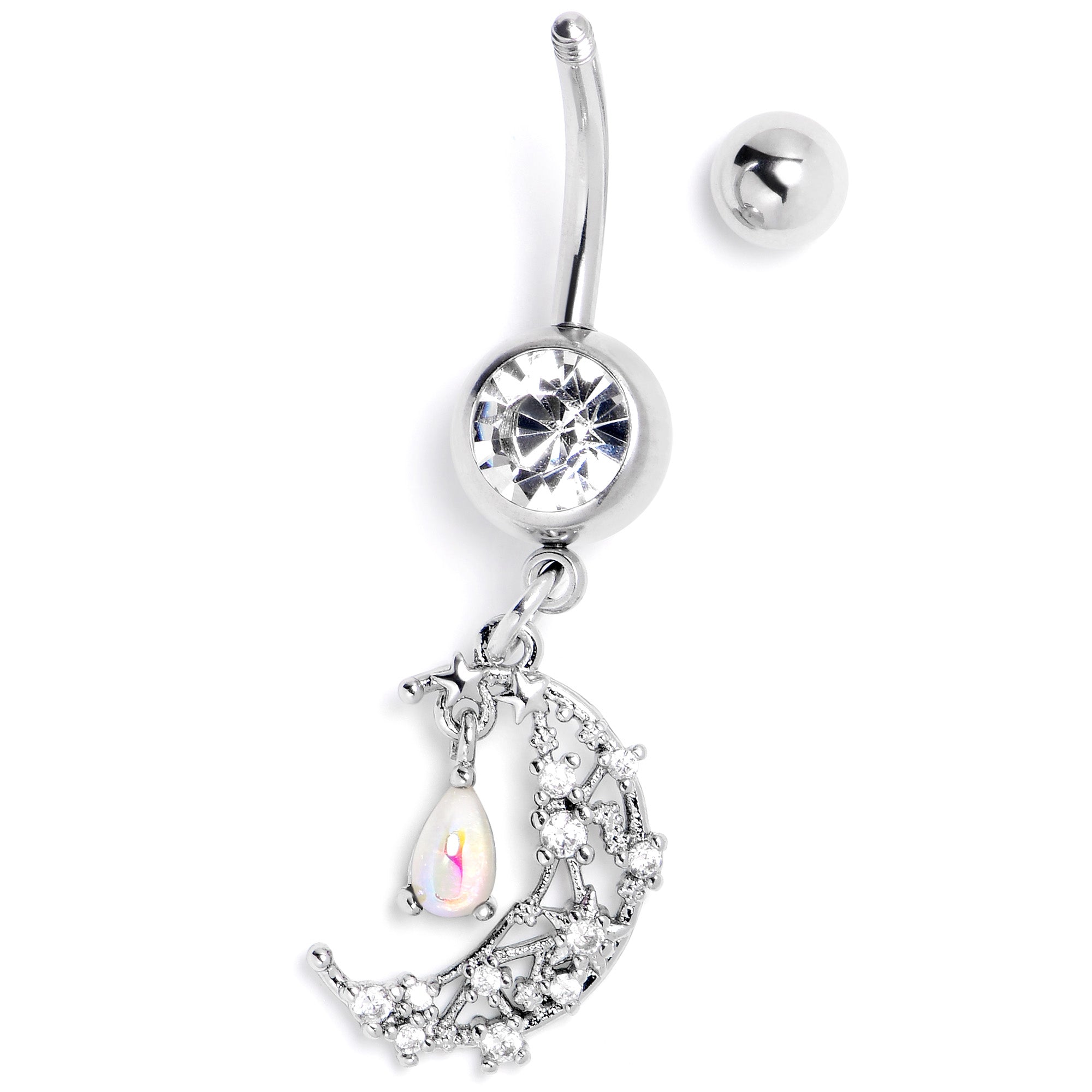 White clear gem constellation moon dangle belly ring by BodyCandy with a sleek silver-tone design and dangling celestial charms.