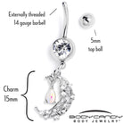 White clear gem constellation moon dangle belly ring by BodyCandy, featuring a celestial design with sparkling stones.