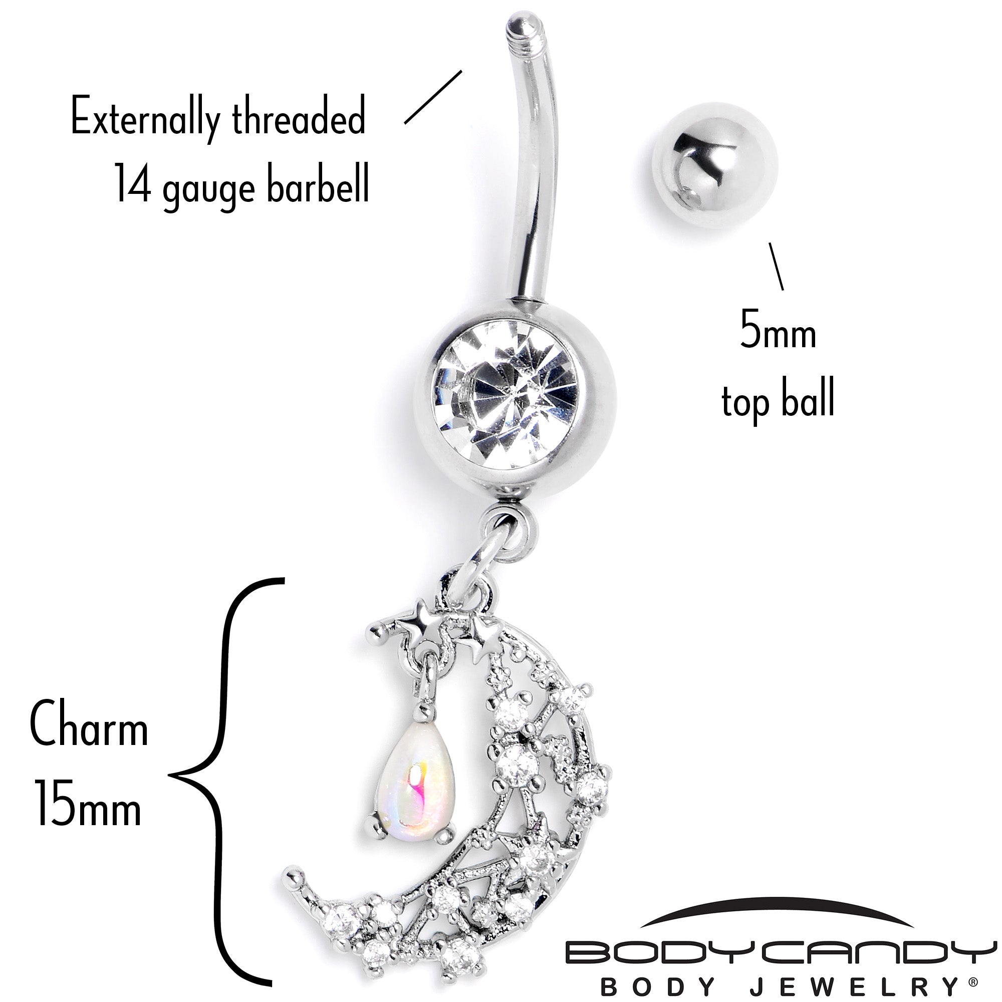 White clear gem constellation moon dangle belly ring by BodyCandy, featuring a celestial design with sparkling stones.