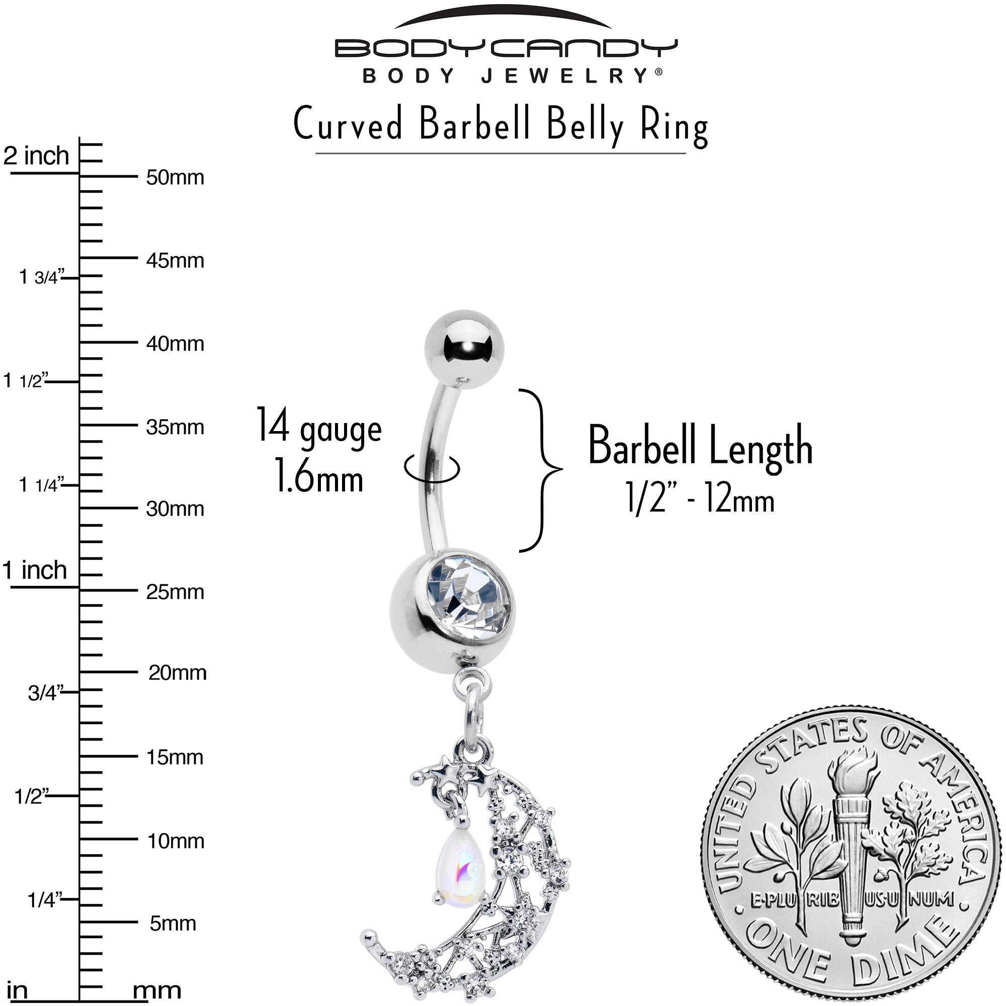 White clear gem constellation moon dangle belly ring by BodyCandy, featuring a celestial moon design with sparkling stones.