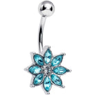 Blue gem flower design belly ring by BodyCandy with elegant bloom style and silver-tone metal for belly piercing.