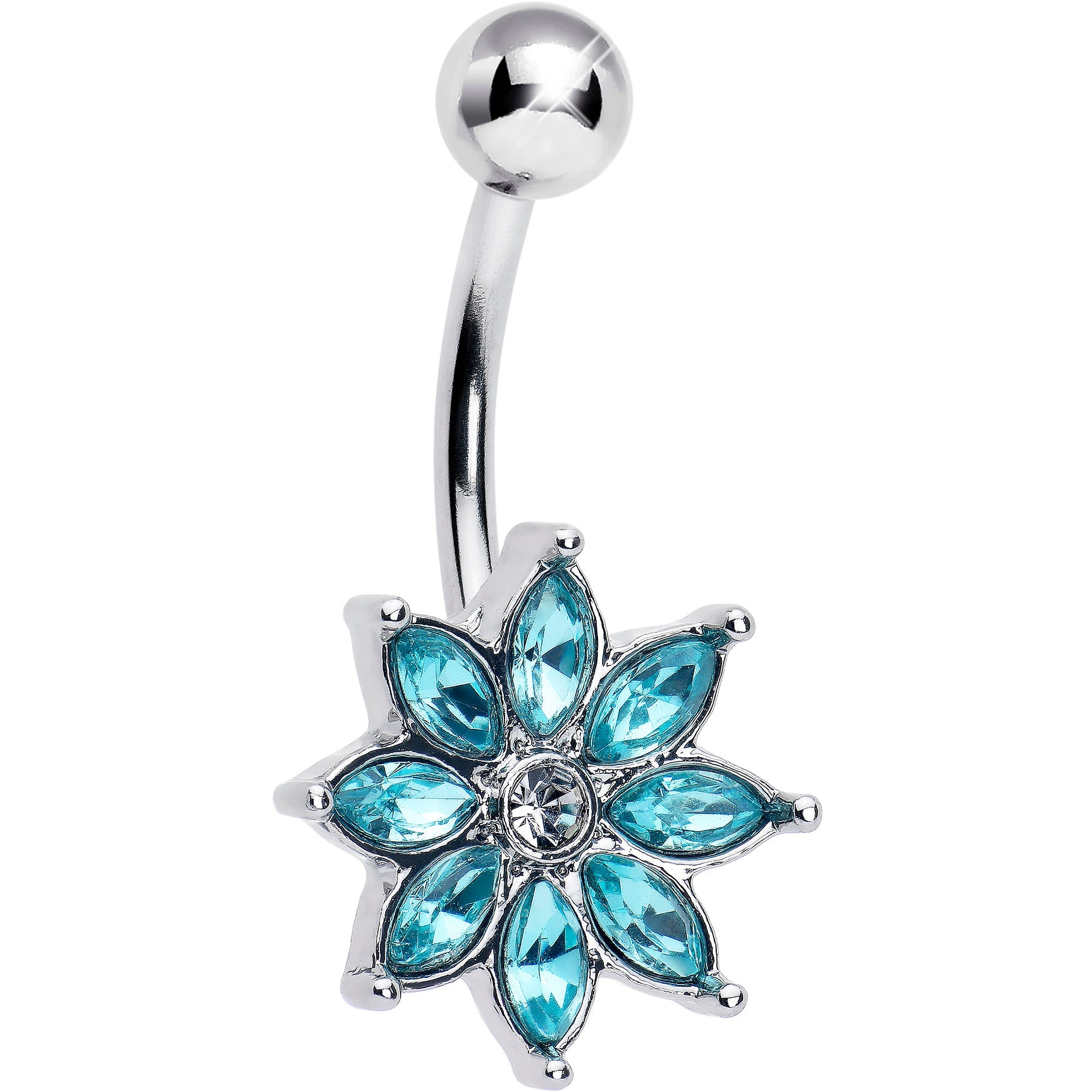 Blue gem flower design belly ring by BodyCandy with elegant bloom style and silver-tone metal for belly piercing.
