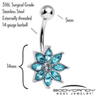 Blue gem flower belly ring from BodyCandy featuring an elegant bloom design for belly piercing jewelry.