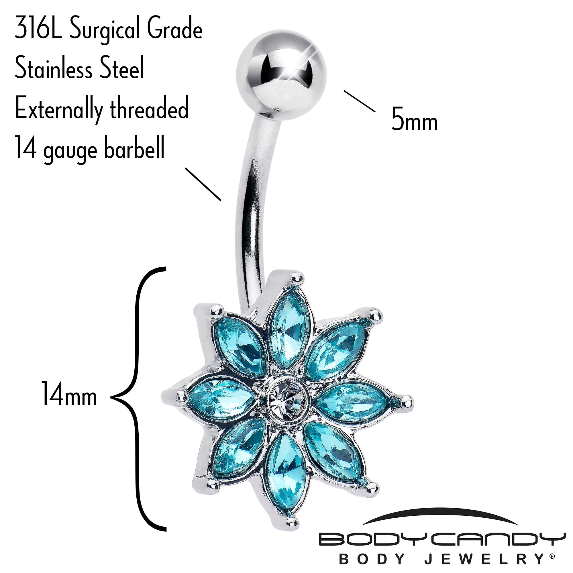 Blue gem flower belly ring from BodyCandy featuring an elegant bloom design for belly piercing jewelry.