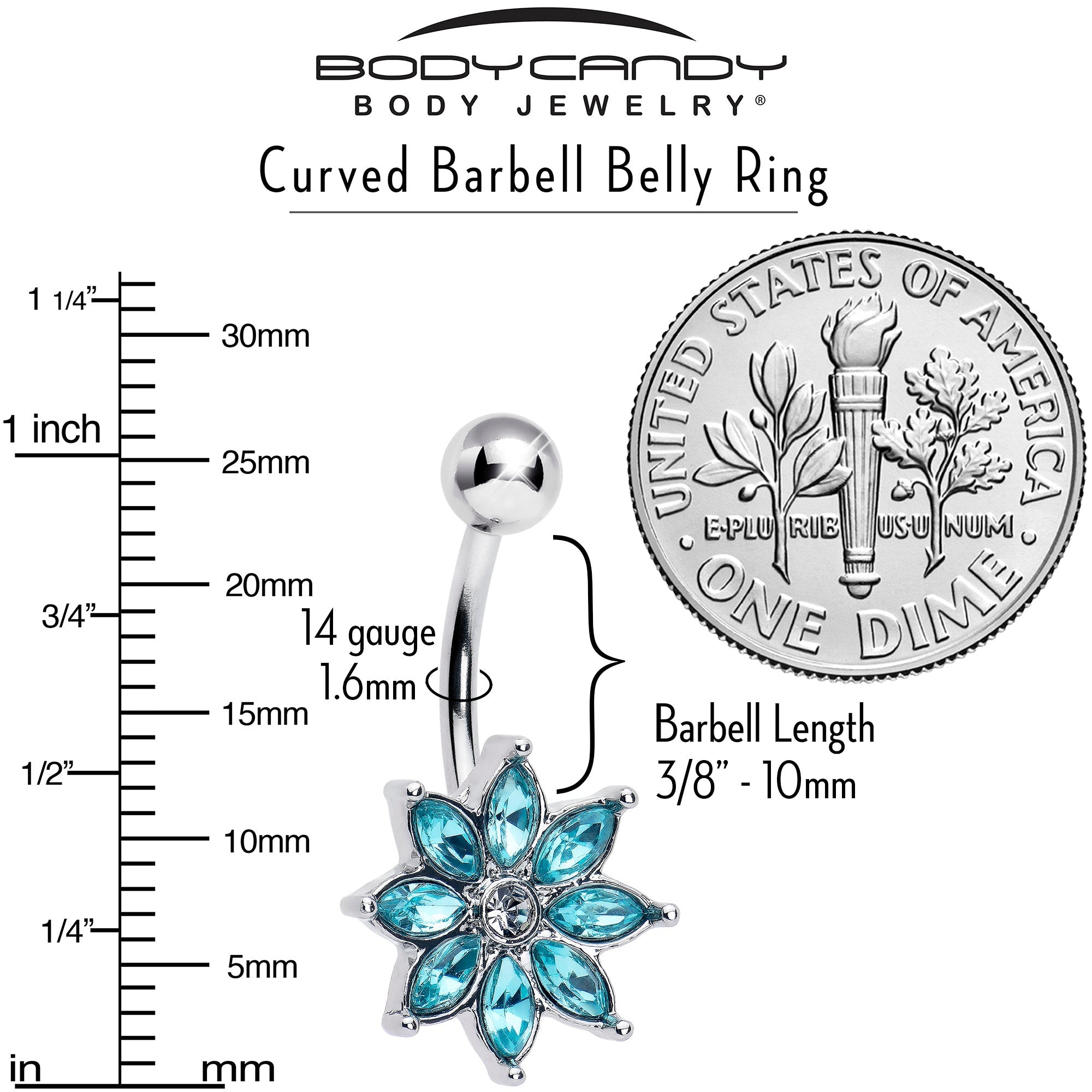 Blue Gem Flower Belly Ring by BodyCandy featuring a floral design and sparkling blue gem for belly piercing jewelry.