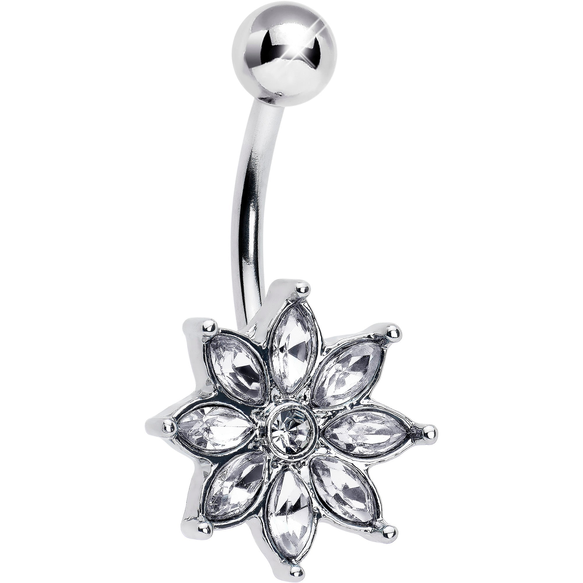 Clear gem flower design belly ring by BodyCandy featuring an elegant bloom motif on a silver-tone body jewelry piece.