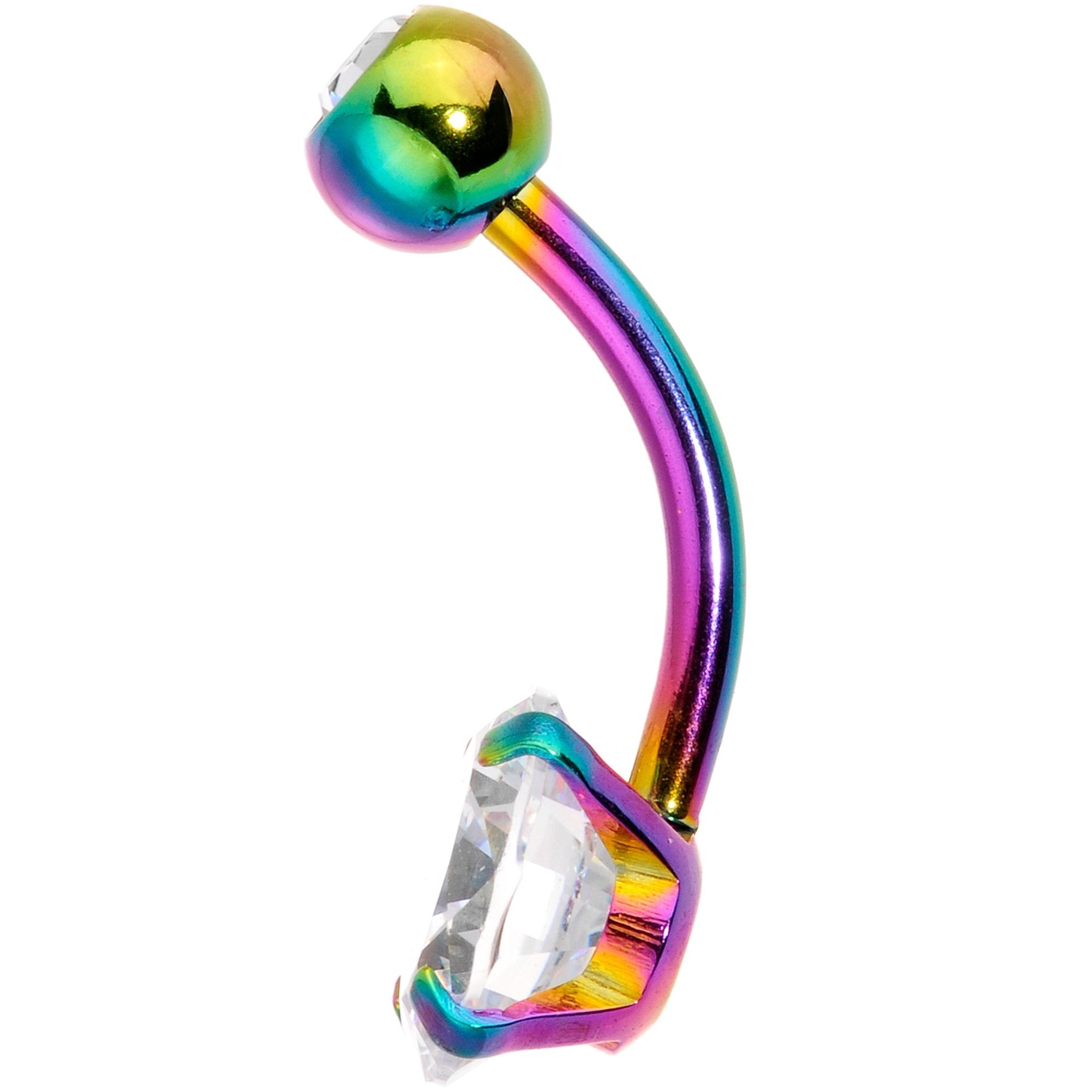 Clear gem rainbow belly ring with large and small gems by BodyCandy, featuring a shiny, decorative belly jewelry design.