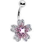Clear pink gem heart in flower belly ring by BodyCandy, featuring a decorative floral design with sparkling gem accents.