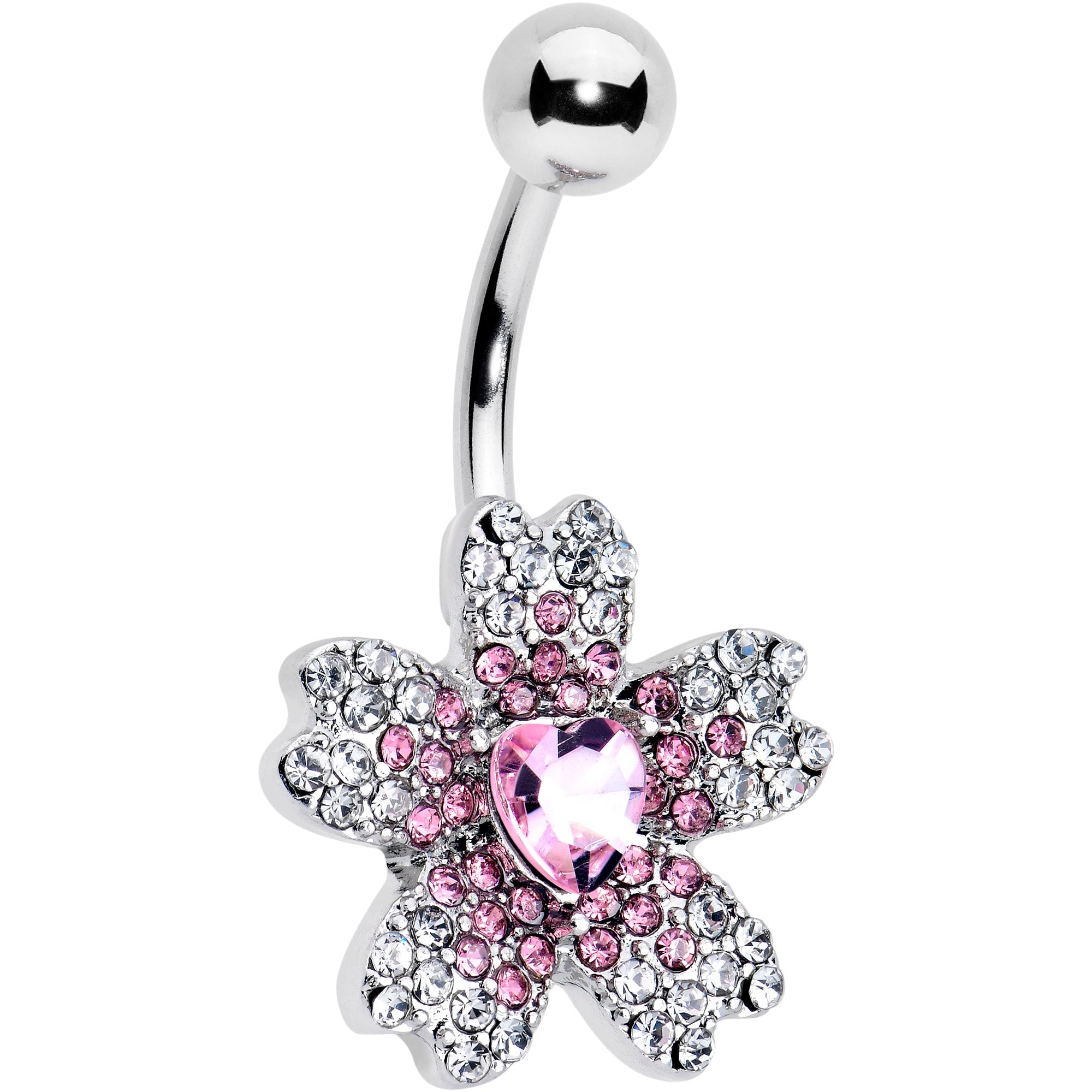 Clear pink gem heart in flower belly ring by BodyCandy, featuring a decorative floral design with sparkling gem accents.