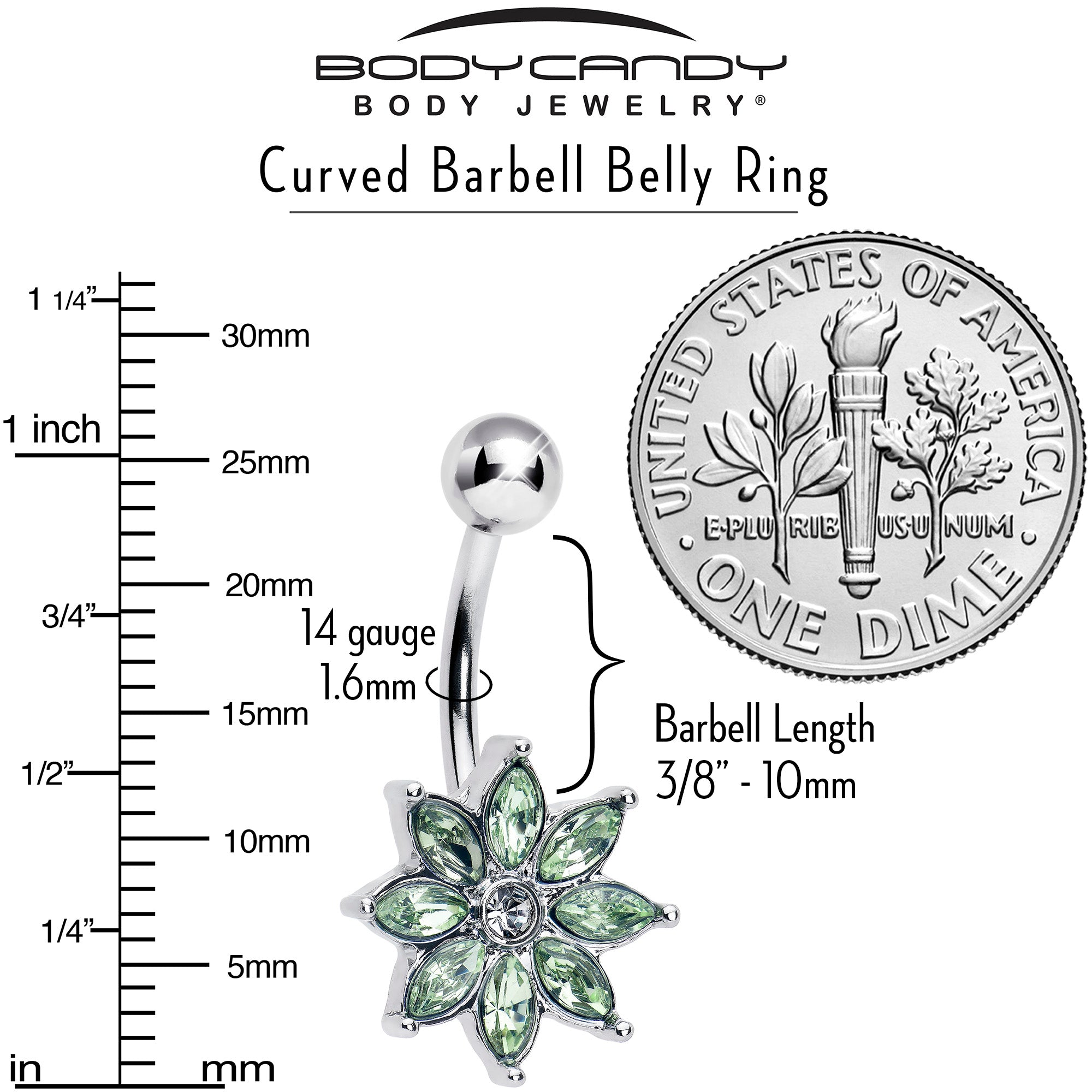 Light green gem flower belly ring by BodyCandy featuring an elegant bloom design, perfect for adding a touch of style.