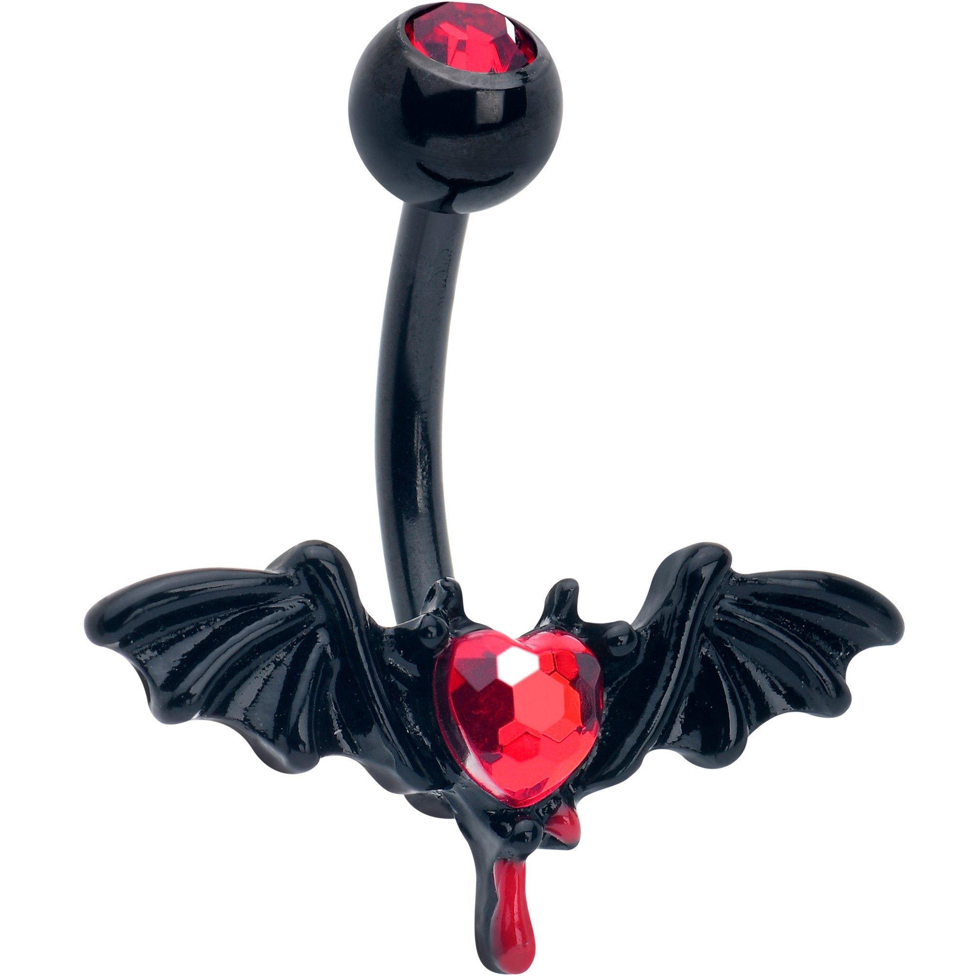 Red gem black bleeding heart bat belly ring by BodyCandy, featuring a gothic bat design with a vibrant red gem.