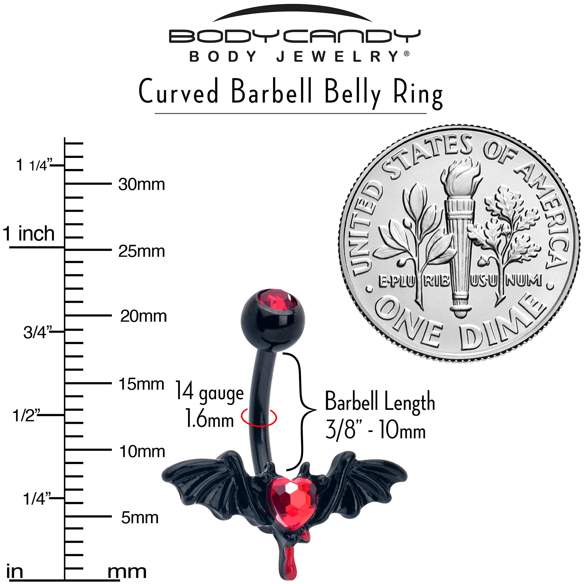 Red gem black bleeding heart bat belly ring from BodyCandy, featuring a distinctive gothic design and detailed bat motif.