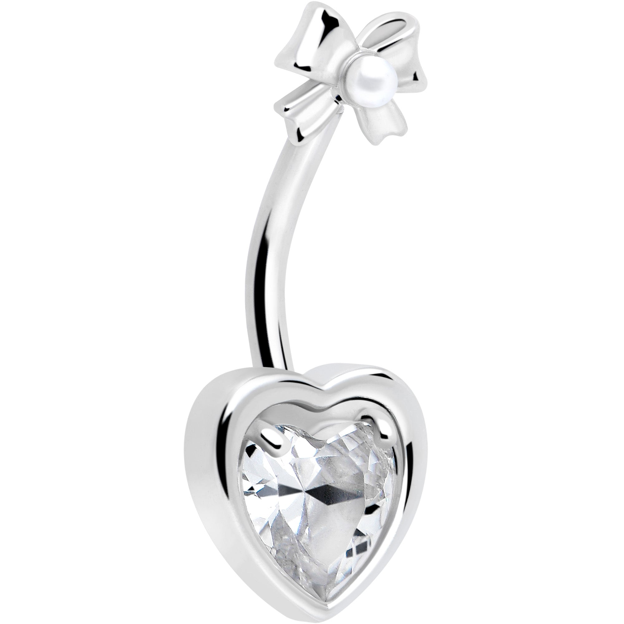 Clear Love Ribbon Heart double mount belly ring by BodyCandy, featuring a decorative heart design on a stainless steel ring.