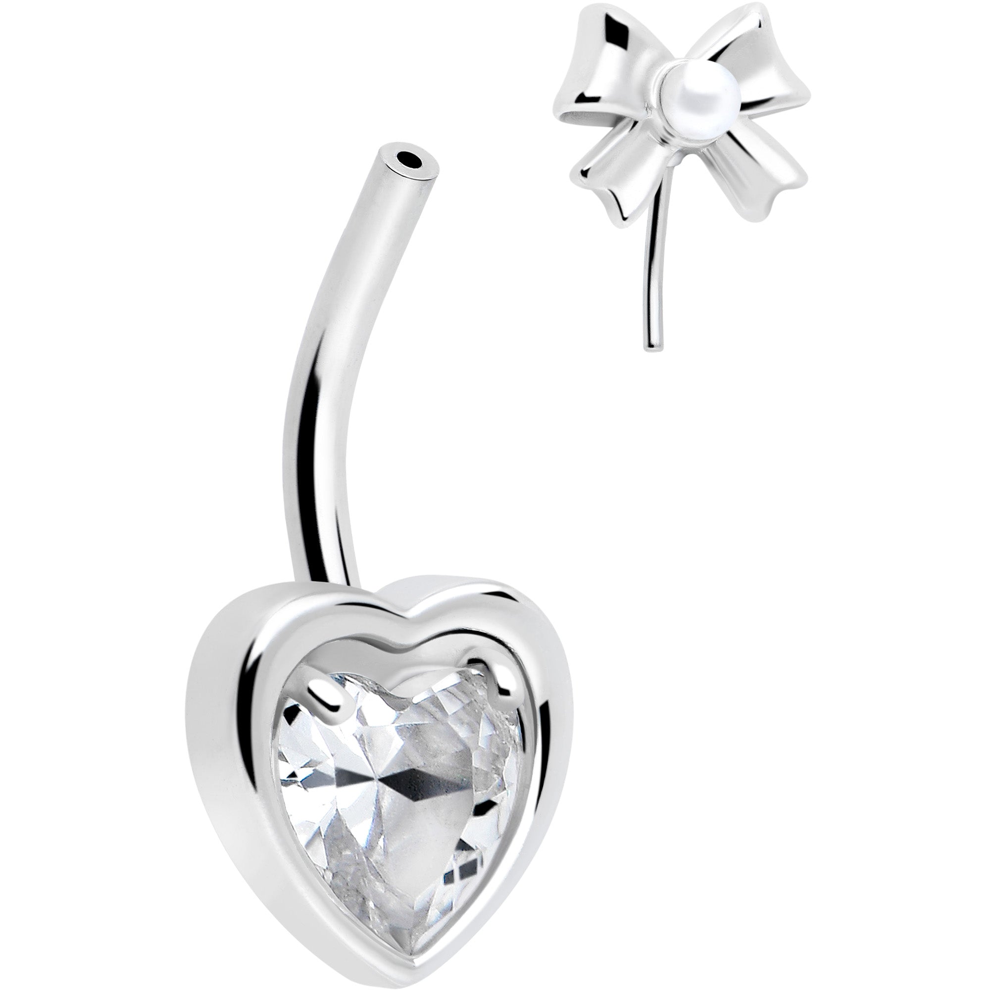 Clear Love Ribbon Heart double mount belly ring by BodyCandy, featuring a decorative heart design with a double mounting style.